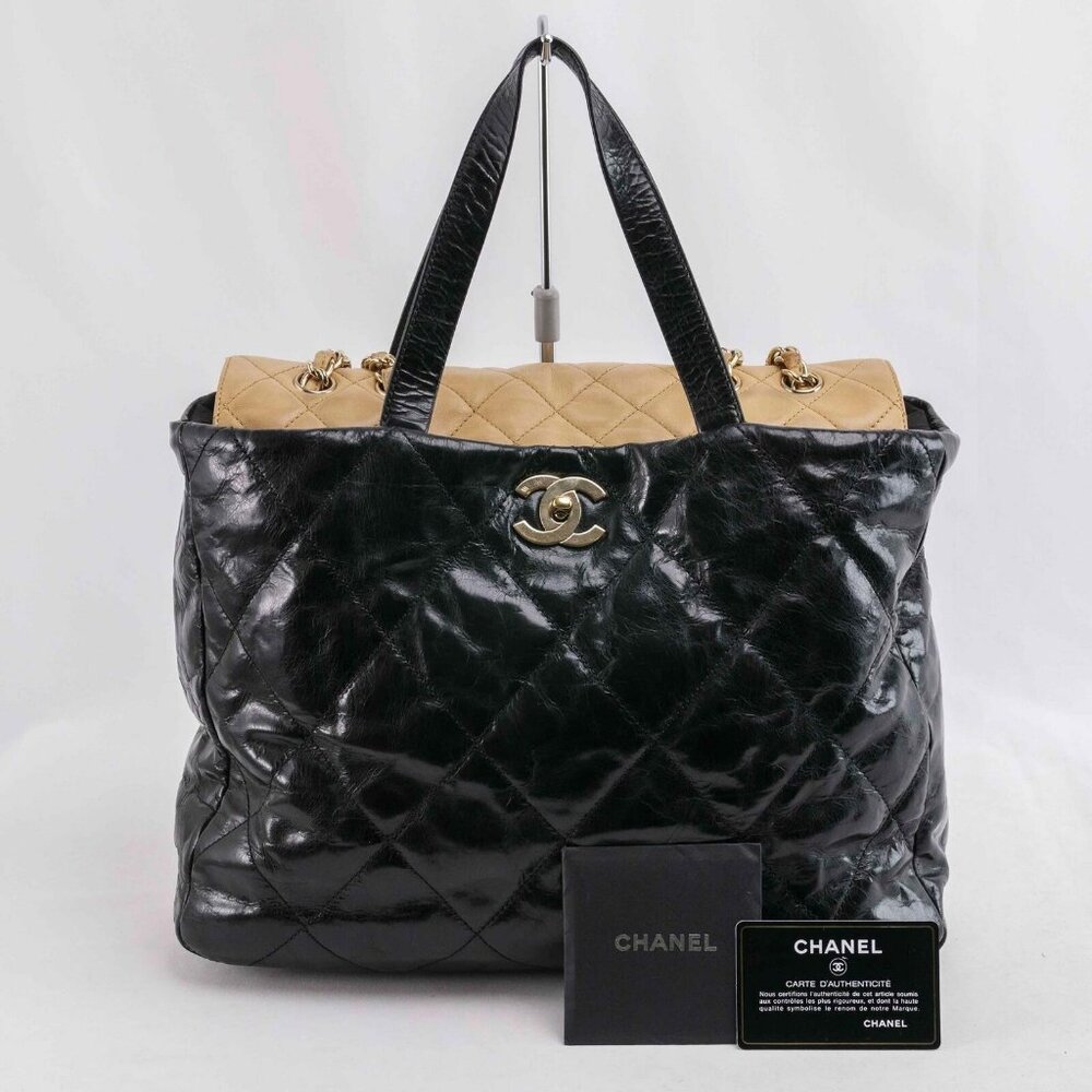 Authentic Chanel Black/Beige Quilted Glazed Leather Portobello Tote - Picture 1 of 15
